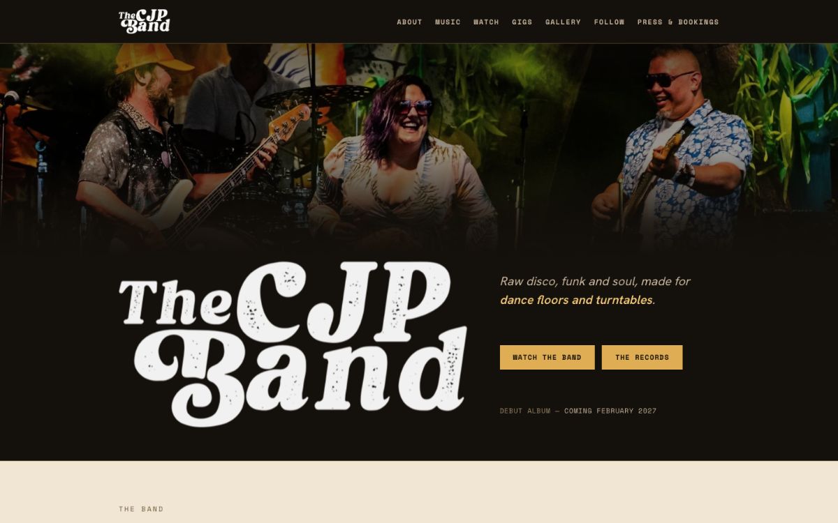 The CJP Band's homepage on a desktop screen — the band name over a festival photograph, with the album note and calls to watch the band or hear the records