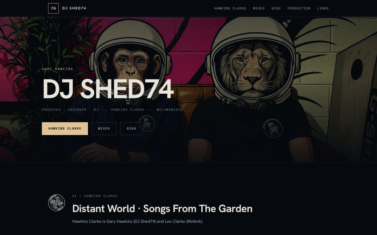 DJ Shed74's website on a desktop screen — the name over his own artwork, with links to the Hawkins Clarke records, mixes and gigs